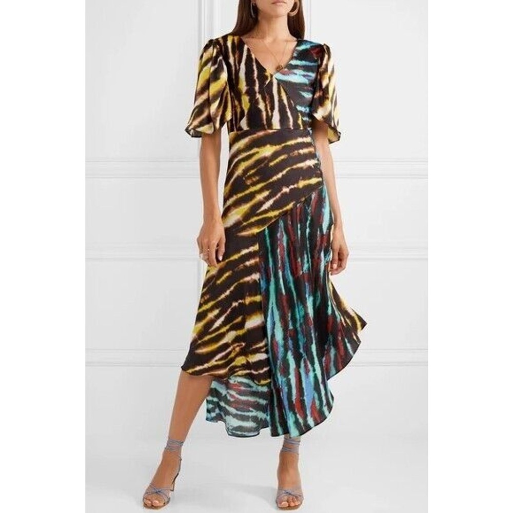 House of Holland Dress Black Yellow Asymmetric Paneled Tie-dyed Satin Maxi Sz 8